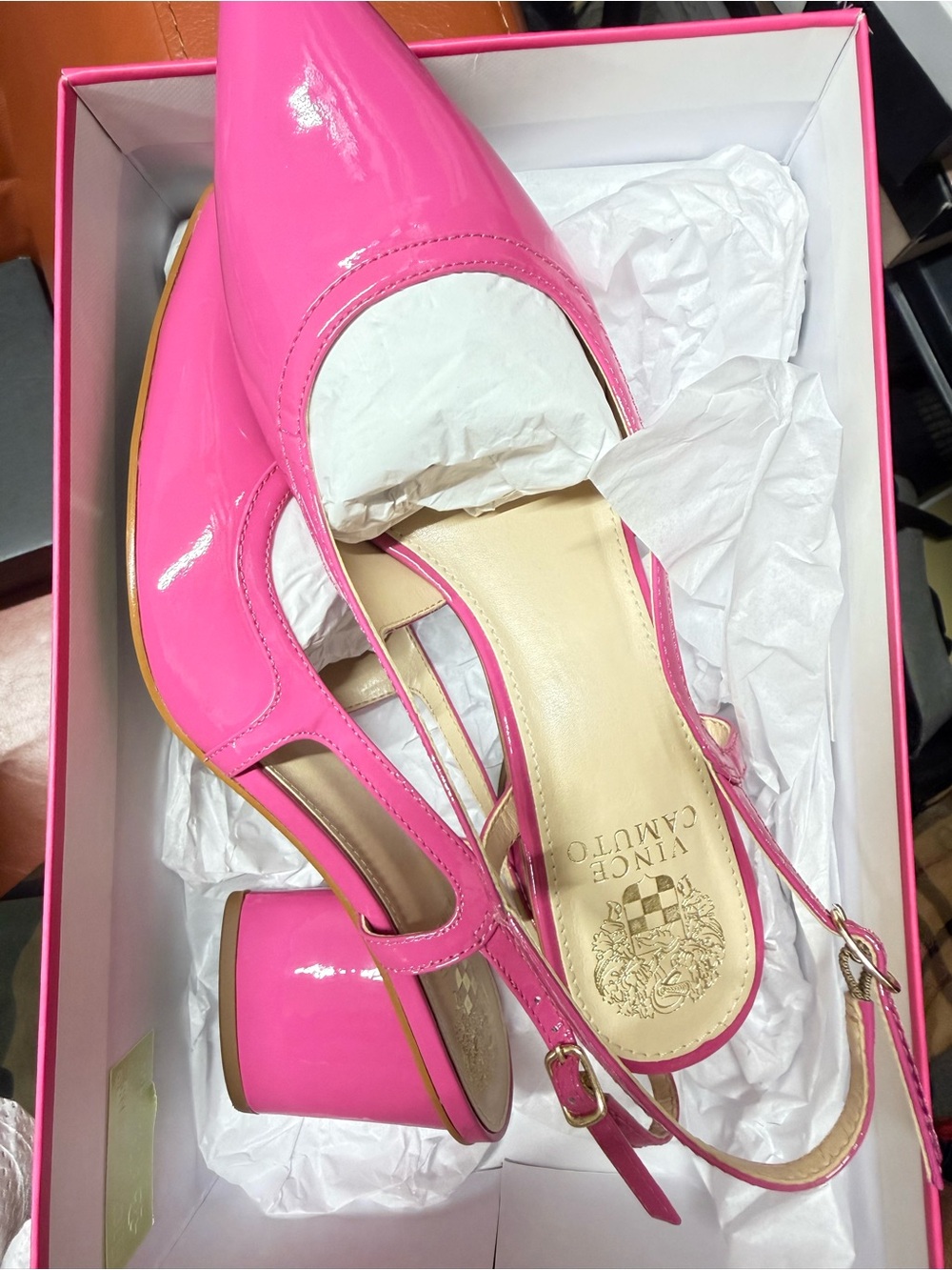 Vince Camuto Pink Patent Slingback Block Heel Pumps 2.5 Inch Heel - Picture 2 of 5